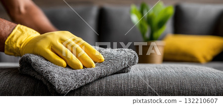 Cleaning with yellow glove shows mysophobia care to disinfect virus from sofa surface in living room with plant and pillow 132210607