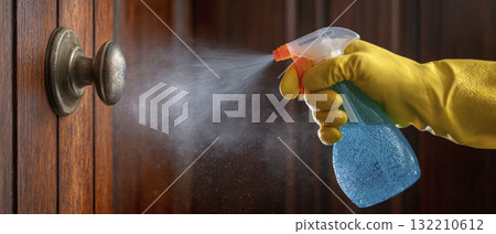 Cleaning with sanitizer spray helps maintain hygiene and prevent virus spread, essential for mysophobia care and healthy environment 132210612