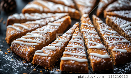 Gingerbread cake slices decorated with white icing and powdered sugar create warm and inviting day treat perfect for festive gatherings and cozy Gingerbread cake slices decorated with white icing and powdered sugar create warm and inviting day treat perfect for festive gatherings and cozy 132210613