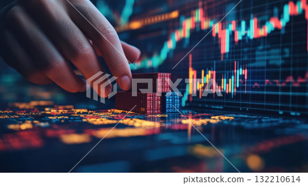Symbolic macro shot of hand placing miniature container on financial graph blending physical trade and digital economics Symbolic macro shot of hand placing miniature container on financial graph blending physical trade and digital economics 132210614