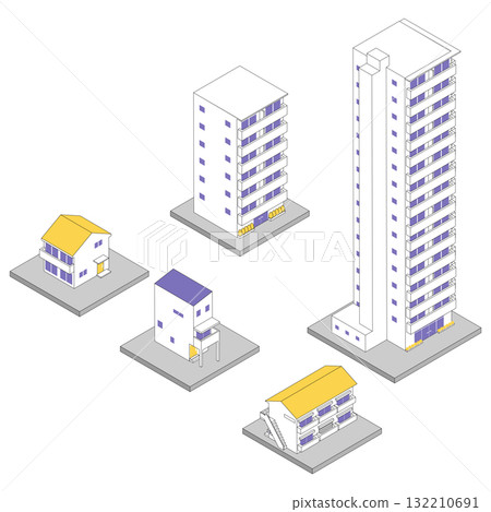獨立式住宅、公寓、公寓和塔式公寓的住宅等距圖標材料集 獨立式住宅、公寓、公寓和塔式公寓的住宅等距圖標材料集 132210691