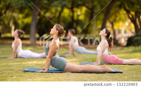 Group of girls practicing bhujangasana yoga pose on mat in summer park Group of girls practicing bhujangasana yoga pose on mat in summer park 132210903