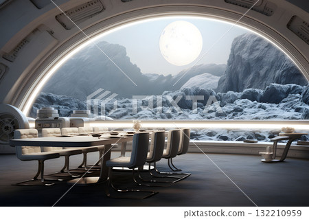 futuristic white moon base dining room interior, neural network generated image 132210959