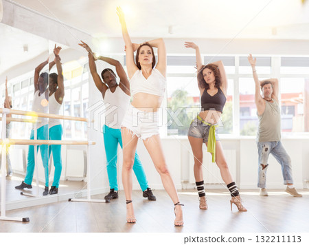 Adult couples rehearse dynamic couple dances during a group lesson in dance studio 132211113