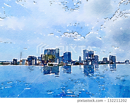 Cityscape of Phnom Penh, Cambodia seen from the hotel rooftop pool | Rare urban landscape | Watercolor Cityscape of Phnom Penh, Cambodia seen from the hotel rooftop pool | Rare urban landscape | Watercolor 132211202