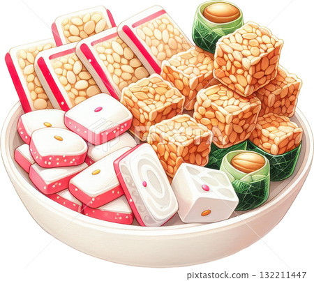 Chinese new year bowl filled with a colorful assortment of traditional Asian sweets and snacks 132211447