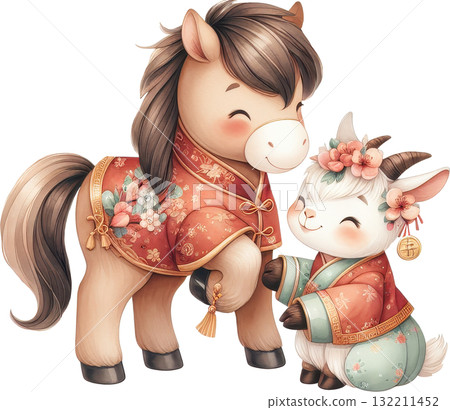 Adorable horse and goat in festive traditional Chinese cultural attire 132211452