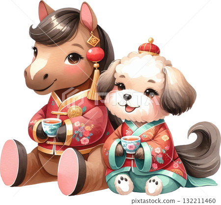 Cute cartoon horse and dog in traditional Chinese attire drinking tea together Cute cartoon horse and dog in traditional Chinese attire drinking tea together 132211460