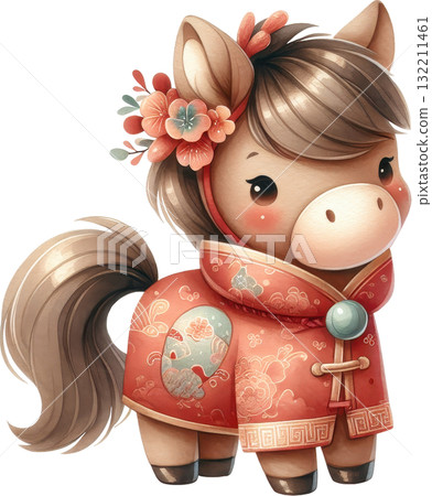 Cute cartoon horse in traditional red Chinese New Year attire adorned with floral deco ns 132211461