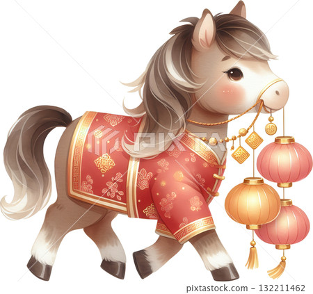 Cute stylized horse in traditional Chinese attire holding festive lanterns for Chinese New Year 132211462