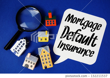 Mortgage Default Insurance text with house models and magnifying glass on blue background Mortgage Default Insurance text with house models and magnifying glass on blue background 132211537