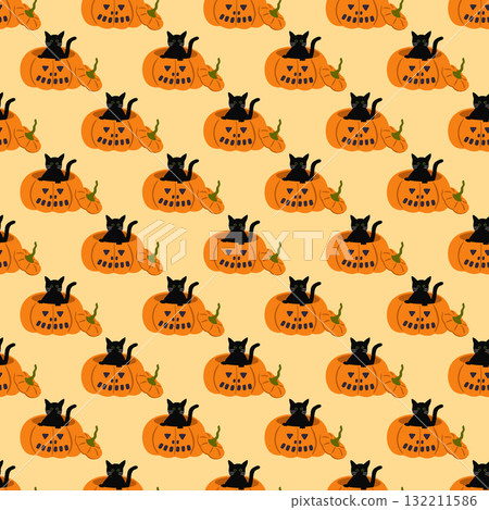 Halloween vector seamless pattern. Black cat in carved pumpkin illustration on yellow background. Cute spooky autumn seasonal design for October 31 fabric, decoration. Jack-o-lantern and witch cat Halloween vector seamless pattern. Black cat in carved pumpkin illustration on yellow background. Cute spooky autumn seasonal design for October 31 fabric, decoration. Jack-o-lantern and witch cat 132211586