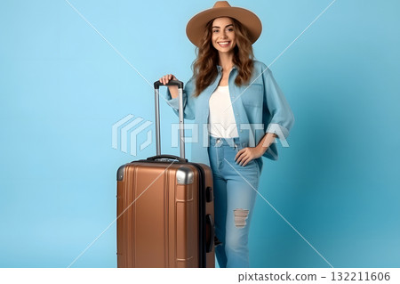 traveling woman with yellow hat and blue suitcase on blue background, neural network generated photorealistic image traveling woman with yellow hat and blue suitcase on blue background, neural network generated photorealistic image 132211606