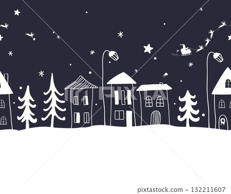 Small village with cartoon houses Winter night linear landscape. Christmas night with Santa flying above the city street. Cartoon Christmas illustration Small village with cartoon houses Winter night linear landscape. Christmas night with Santa flying above the city street. Cartoon Christmas illustration 132211607