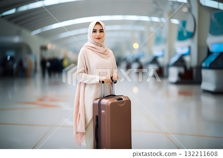 smiling young adult Muslim traveler woman in an airport with suitcase, neural network generated photorealistic image 132211608