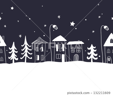 Small village with cartoon houses Winter night linear landscape. Cartoon Christmas illustration. Small village with cartoon houses Winter night linear landscape. Cartoon Christmas illustration. 132211609
