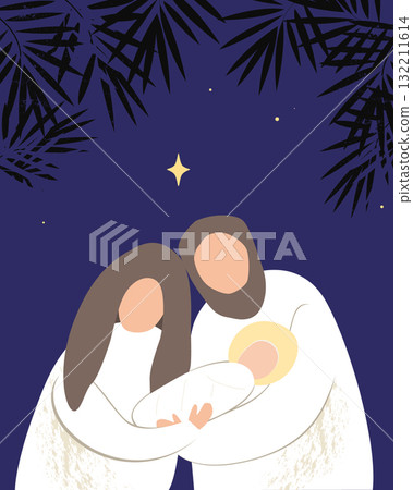 Christmas nativity scene of baby Jesus, Mary and Joseph. Hand drawn stylized bible illustration clipart isolated. Cartoon vector illustration in Scandinavian style. Christmas nativity scene of baby Jesus, Mary and Joseph. Hand drawn stylized bible illustration clipart isolated. Cartoon vector illustration in Scandinavian style. 132211614