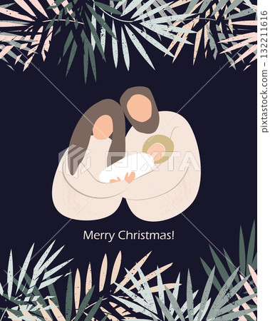 Christmas nativity scene of baby Jesus, Mary and Joseph. Hand drawn stylized bible illustration clipart isolated. Cartoon vector illustration in Scandinavian style 132211616