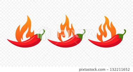 Spicy Chili Pepper with Fire, Vector Illustration. Hot Red Pepper Icon Set for Mexican Food, Restaurant, Spice Label Design. Burning Pepper Illustration, Heat Level, Fiery Cooking Clipart Spicy Chili Pepper with Fire, Vector Illustration. Hot Red Pepper Icon Set for Mexican Food, Restaurant, Spice Label Design. Burning Pepper Illustration, Heat Level, Fiery Cooking Clipart 132211652