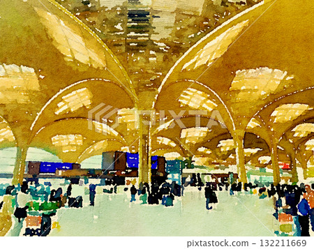 Interior view of Techo International Airport in Cambodia | Watercolor-style illustration of the new airport scheduled to open in 2025 Interior view of Techo International Airport in Cambodia | Watercolor-style illustration of the new airport scheduled to open in 2025 132211669