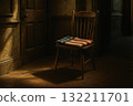 folded US flag on a wooden chair, generative AI 132211701