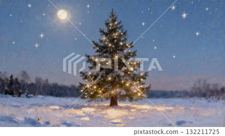 雪國夜晚閃閃發光的聖誕樹 雪國夜晚閃閃發光的聖誕樹 132211725