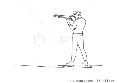 Single one line drawing man shooting athlete, is aiming a rifle with intense focus and steady stance, illustrating concentration and precision. continuous line draw design graphic vector illustration 132211746