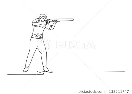 Single one line drawing side view man shooting athlete is aiming a shotgun with intense concentration in stable, forward-facing stance. Modern continuous line draw design graphic vector illustration 132211747