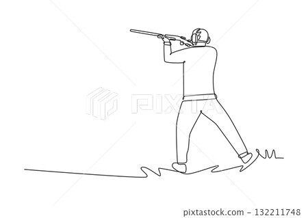 Single one line drawing man shooting athlete is aiming shotgun, rear-facing stance, wearing ear protection, concentration and precision. Modern continuous line draw design graphic vector illustration 132211748