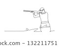 Continuous one line drawing back view beauty woman shooting athlete with long hair aiming shotgun with intense focus. Concentration and precision. Single line draw design vector graphic illustration 132211751