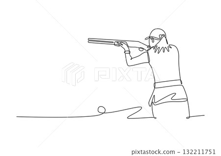 Continuous one line drawing back view beauty woman shooting athlete with long hair aiming shotgun with intense focus. Concentration and precision. Single line draw design vector graphic illustration Continuous one line drawing back view beauty woman shooting athlete with long hair aiming shotgun with intense focus. Concentration and precision. Single line draw design vector graphic illustration 132211751