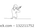 Continuous one line drawing young beauty woman, a shooting athlete with long hair, is aiming a shotgun with intense focus from a rear-facing stance. Single line draw design vector graphic illustration 132211752