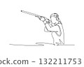 Continuous one line drawing attractive woman, a shooting athlete, is aiming a shotgun with intense focus and a ready stance, wearing ear protection. Single line draw design vector graphic illustration 132211753