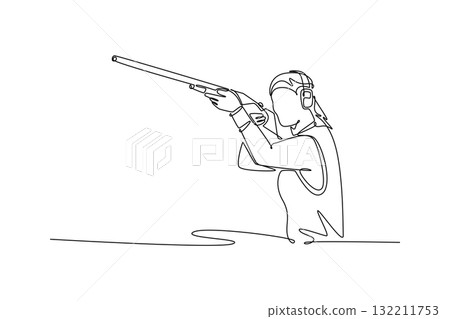 Continuous one line drawing attractive woman, a shooting athlete, is aiming a shotgun with intense focus and a ready stance, wearing ear protection. Single line draw design vector graphic illustration 132211753