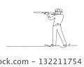Continuous one line drawing side view of attractive woman, a shooting athlete, is aiming a shotgun with intense focus and a steady standing stance. Single line draw design vector graphic illustration 132211754