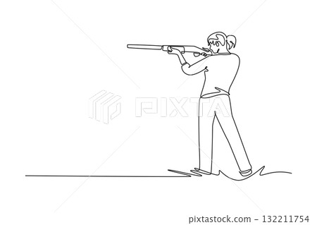 Continuous one line drawing side view of attractive woman, a shooting athlete, is aiming a shotgun with intense focus and a steady standing stance. Single line draw design vector graphic illustration Continuous one line drawing side view of attractive woman, a shooting athlete, is aiming a shotgun with intense focus and a steady standing stance. Single line draw design vector graphic illustration 132211754