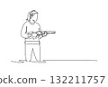 Single continuous line drawing woman shooting athlete is holding shotgun in stable stance, wearing ear protection and concentrating on target. Dynamic one line draw graphic design vector illustration 132211757
