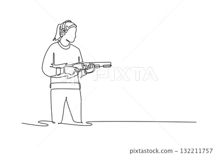 Single continuous line drawing woman shooting athlete is holding shotgun in stable stance, wearing ear protection and concentrating on target. Dynamic one line draw graphic design vector illustration 132211757