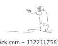 Continuous one line drawing man shooting athlete aiming pistol in low, forward-leaning stance, wearing ear protection, concentration and precision. Single line draw design vector graphic illustration 132211758