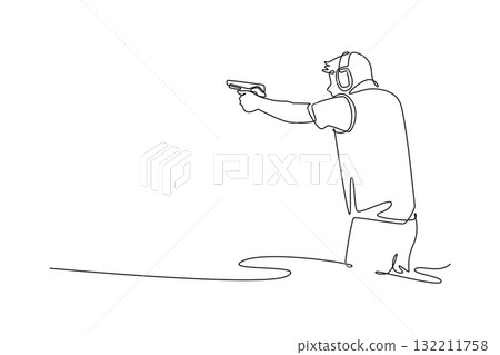 Continuous one line drawing man shooting athlete aiming pistol in low, forward-leaning stance, wearing ear protection, concentration and precision. Single line draw design vector graphic illustration 132211758