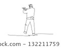 Single continuous line drawing man shooting athlete aiming pistol in stable, rear-facing stance, wearing ear protection and focused on target. Dynamic one line draw graphic design vector illustration 132211759