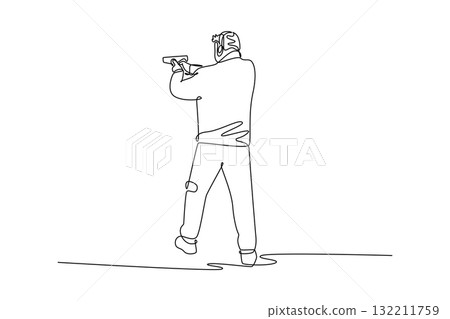 Single continuous line drawing man shooting athlete aiming pistol in stable, rear-facing stance, wearing ear protection and focused on target. Dynamic one line draw graphic design vector illustration 132211759