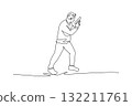 Continuous one line drawing active man shooting athlete aiming pistol in dynamic, forward-moving stance with two-handed grip, focus and readiness. Single line draw design vector graphic illustration 132211761