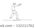 Single continuous line drawing man shooting athlete, is aiming a pistol in a dynamic, forward-moving stance, illustrating focus and precision. Dynamic one line draw graphic design vector illustration 132211762