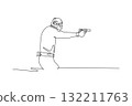 Single continuous line drawing man shooting athlete aiming pistol, low crouching stance, wearing eye and ear protection, concentration and precision. One line draw graphic design vector illustration 132211763