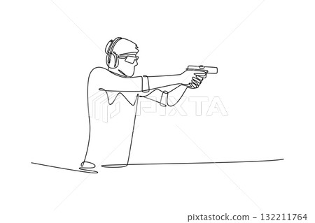 Single continuous line drawing man shooting athlete is aiming pistol, forward-leaning stance, wearing eye and ear protection, concentration, precision. One line draw graphic design vector illustration 132211764