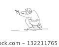 Single continuous line drawing man shooting athlete, is aiming a pistol from a stable, low crouching stance, illustrating concentration and precision. One line draw graphic design vector illustration 132211765