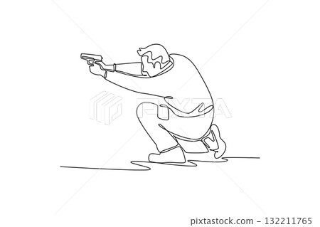 Single continuous line drawing man shooting athlete, is aiming a pistol from a stable, low crouching stance, illustrating concentration and precision. One line draw graphic design vector illustration 132211765