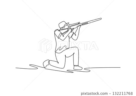 Single one line drawing young active man, a shooting athlete, is aiming a rifle from a kneeling stance with intense focus and precision. Modern continuous line draw design graphic vector illustration 132211768