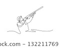 Single one line drawing attractive man, a shooting athlete, is aiming a shotgun upward to target an airborne object with intense focus. Modern continuous line draw design graphic vector illustration 132211769
